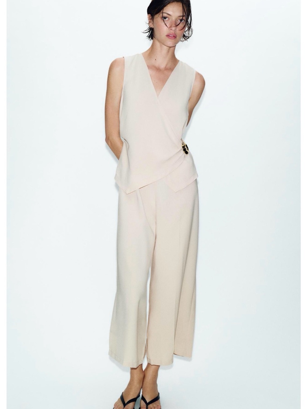 Zara Cream Sleeveless Wrap-Front Wide-Leg Jumpsuit with Side Buckle